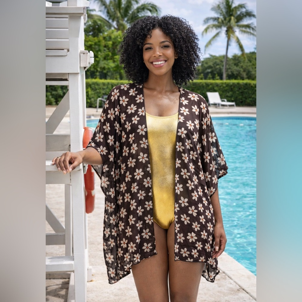 NWT ☀️ One size Brown Floral Swim Cover-Up Kimono
